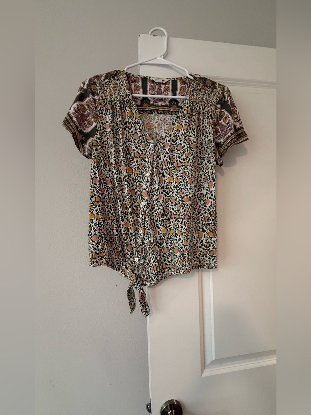 Lucky Brand Floral Button-Front Tie Hem Top - Pink, Yellow & Cream